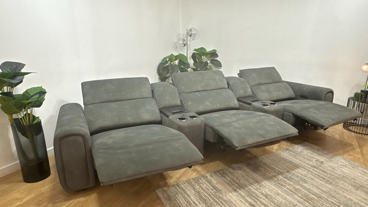 Sofology Premiere Fabric 3 Seater Cinema Sofa Consoles Power Recliner/Headrest x 3 in Lifestyle Flecked Mineral Green