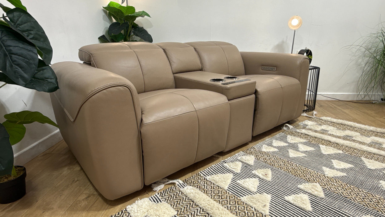 Sofology Riviera Leather 2 Seater Console Power Recliner/Headrest in Trusty Embossed Mushroom
