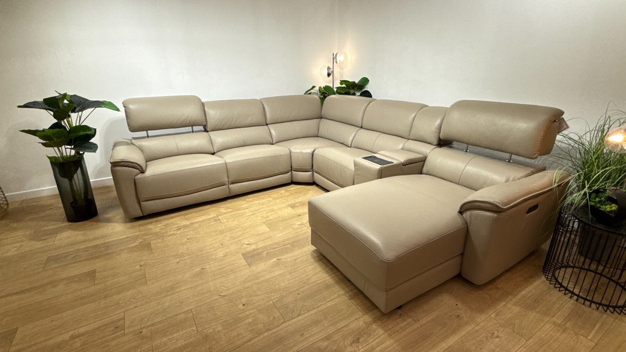 Sofology Hugo Leather 3 Corner Console 3 Power Chaise Power Recliner/Headrest in Trusty Embossed  Stone