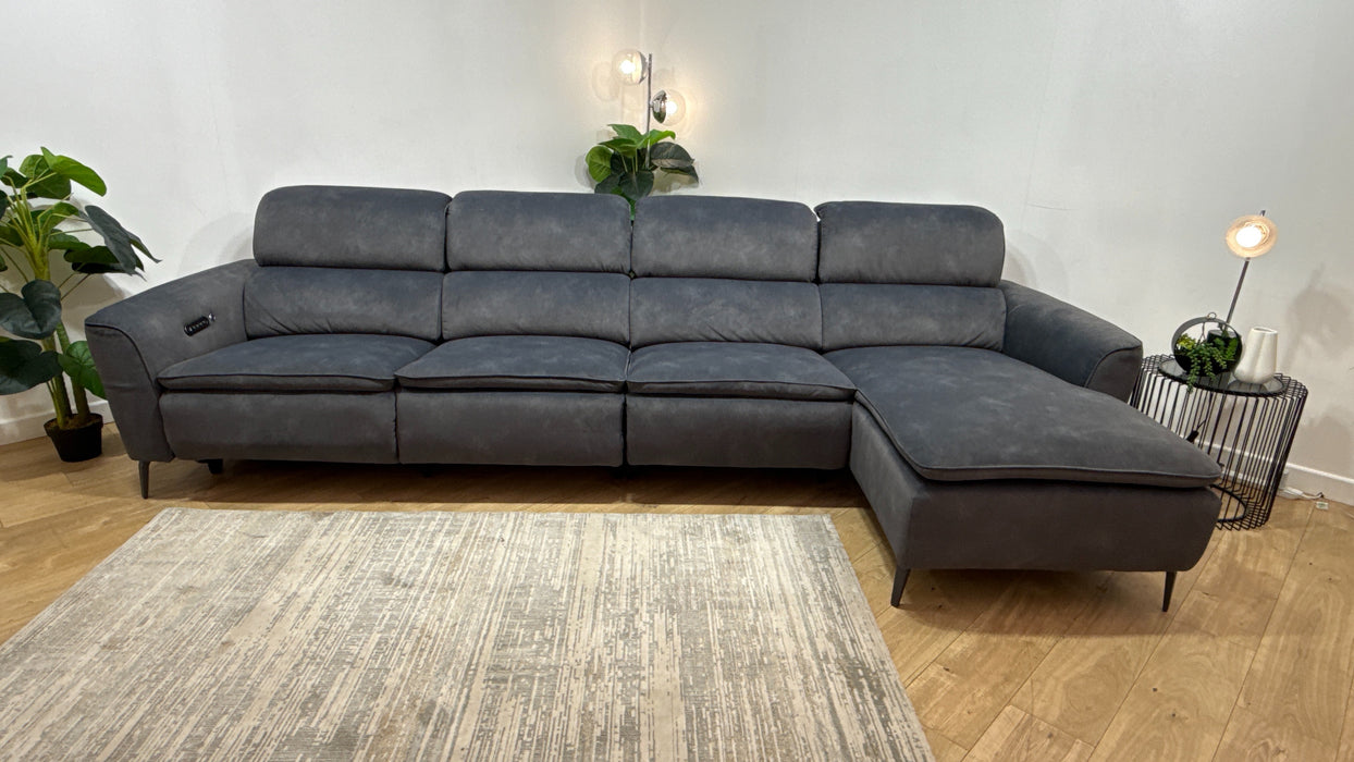 Sofology Viento Fabric 4 Seater Chaise Power Recliner/Headrest Lumbar Heated Seat in Lifestyle Flecked Charcoal