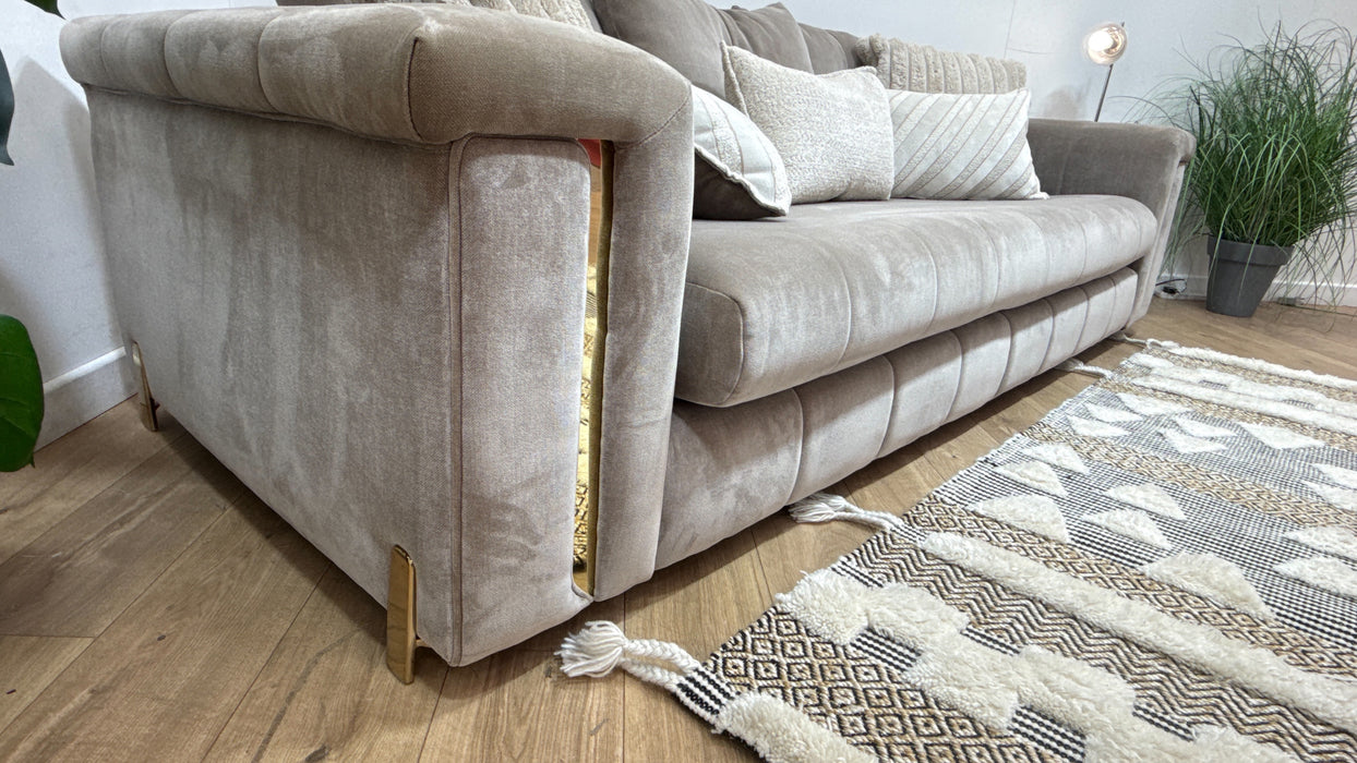 Sofology Oscar Fabric 4 Seater Gold Trim in Fine Textured Chenille Stone Mix