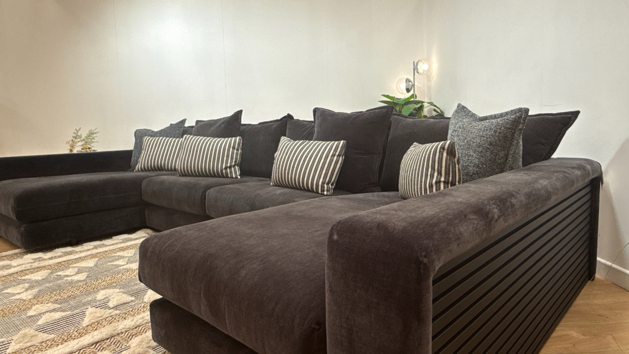 Sofology Cove Fabric Super Grande Double Chaise Black Wood Panel in Soft Chenille Anthracite Mix