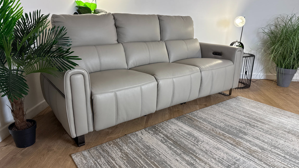 Sofology The Ravello Leather 3 Seater Power Recliner/Headrest in Trusty Embossed Light Grey