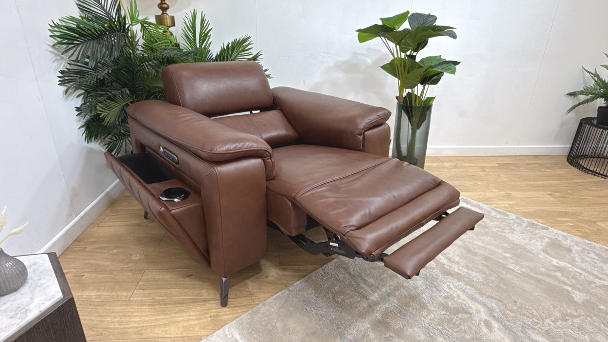 Sofology Fratelli Leather Chair Power Recliner/Headrest in Trusty Embossed Chestnut