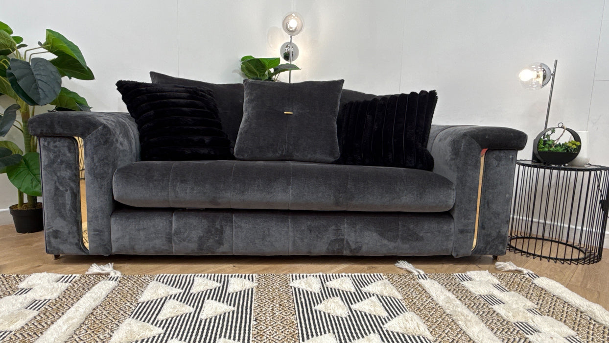 Sofology Oscar Fabric 2 Seater Gold Trim in Fine Textured Chenille Charcoal Mix