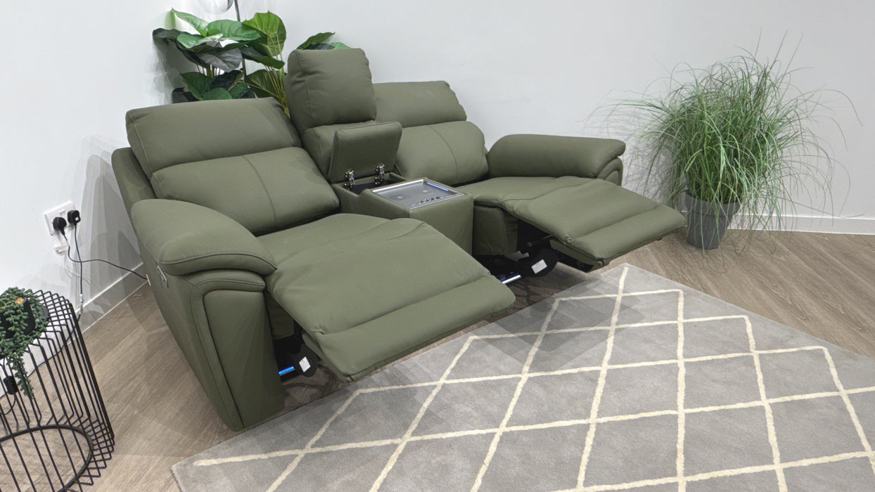 Sofology Atlanta Leather 2 Seater Console Power Recliner/Headrest in Trusty Soft Matt Dark Olive