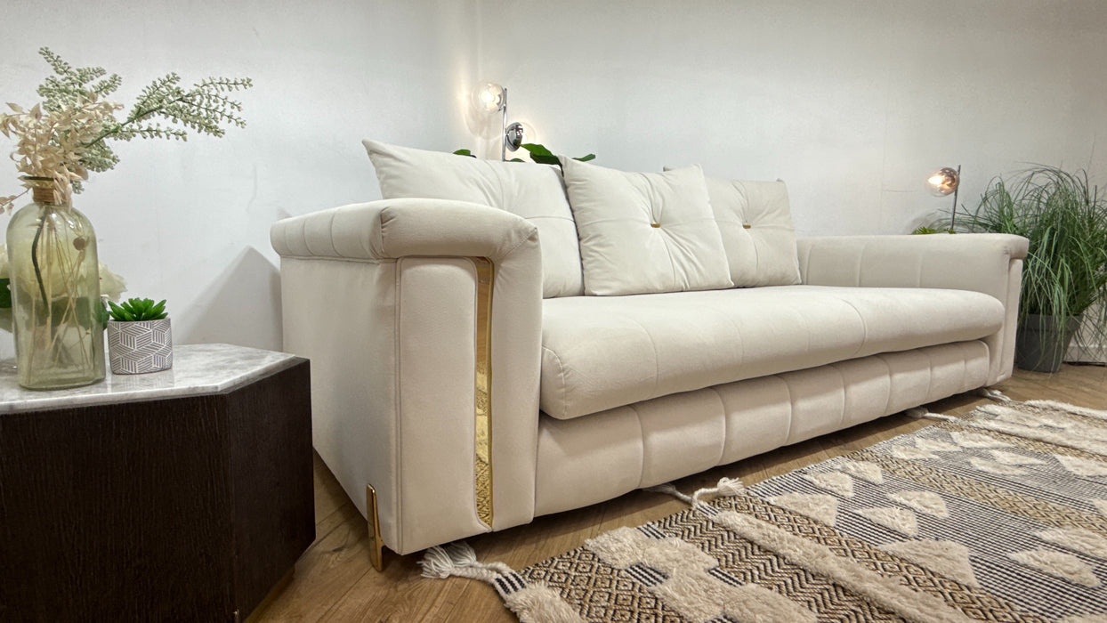 Sofology Oscar Fabric 4 Seater Gold Trim in Super Matt Velvet Ecru Mix