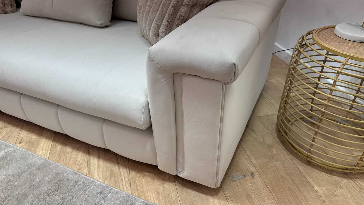 Sofology Oscar Fabric 4 Seater Distressed Walnut Trim in Super Matt Velvet Ecru Mix
