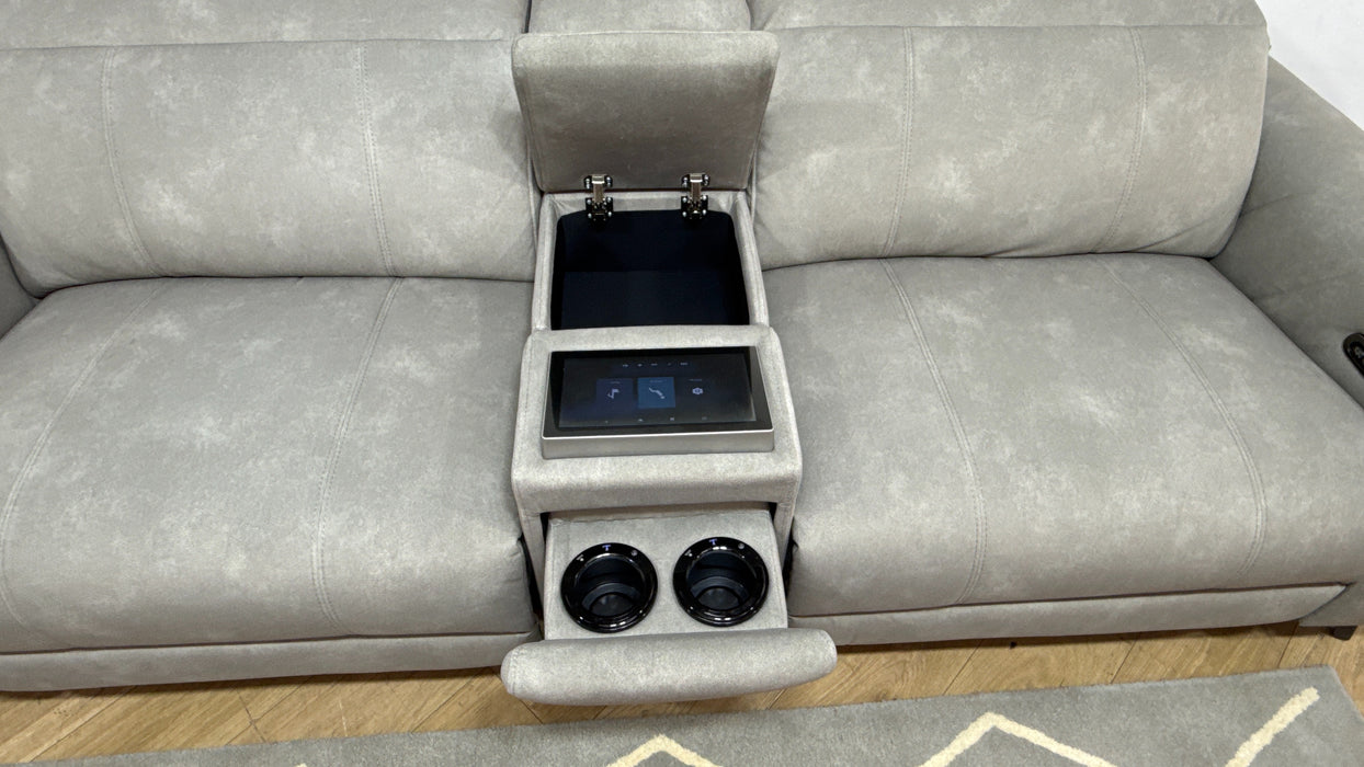 Sofology Allure Fabric 2.5 Seater Screen Console Power Recliner/Headrest Heated Seats Lumbar Speakers in Lifestyle Flecked Stone
