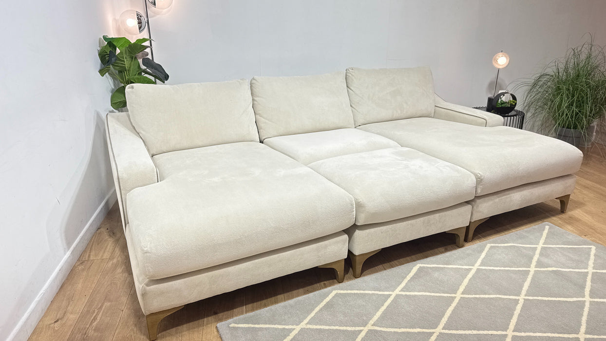 Sofology Wildwood Fabric 4 Seater Double Chaise with Footstool in Soft Sherpa Natural Contrast Piping Mix