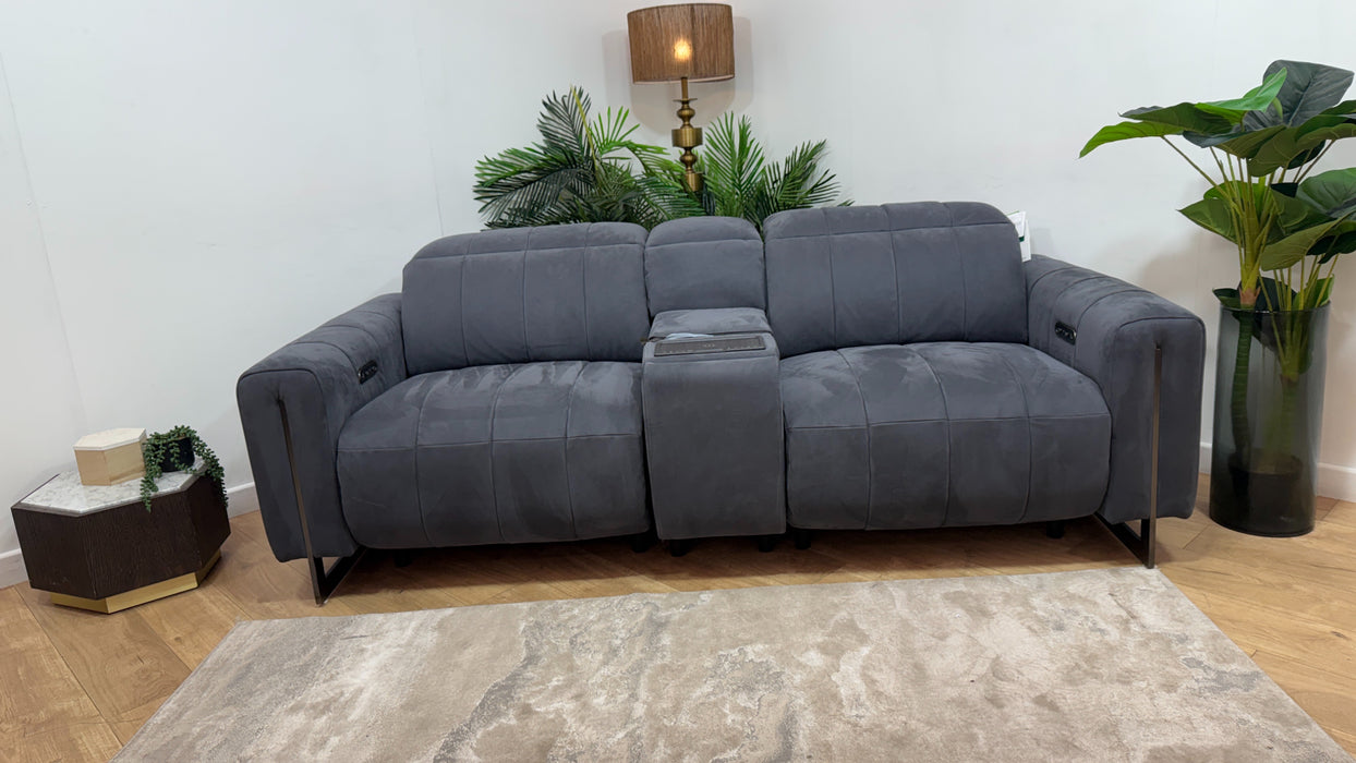 Sofology Paramount Leather 2.5 Seater Console Power Recliner/Headrest Heated Seats Speakers in Trusty Embossed Charcoal