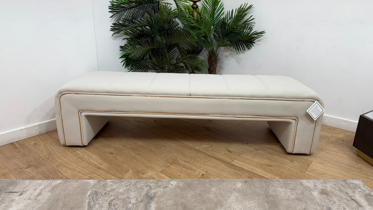 Sofology Oscar Fabric Large Bench Footstool Gold Trim in Super Matt Velvet Ecru