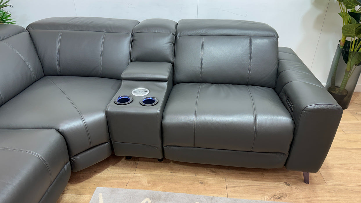 Sofology Allure Leather 3 Corner Smart Console 1.5 Power Recliner/Headrest Heated Seats Lumbar Support Speakers Trusty Embossed Charcoal