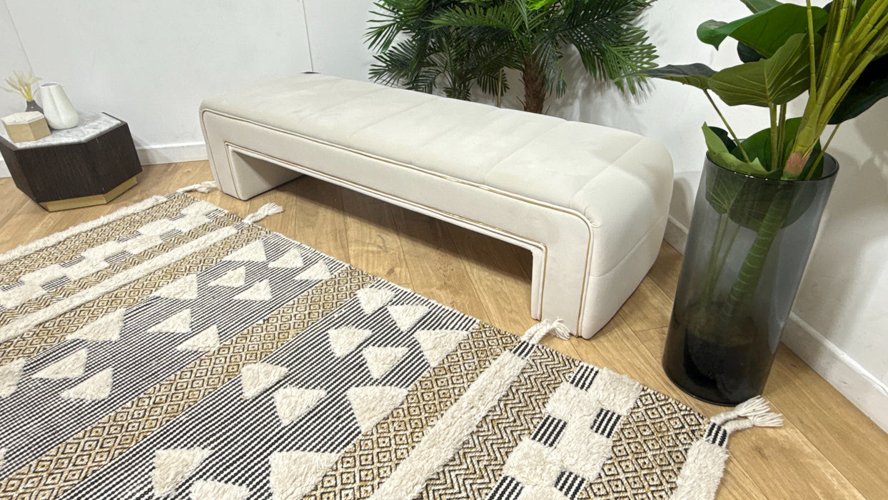 Sofology Oscar Fabric Large Bench Footstool Gold Trim in Super Matt Velvet Ecru