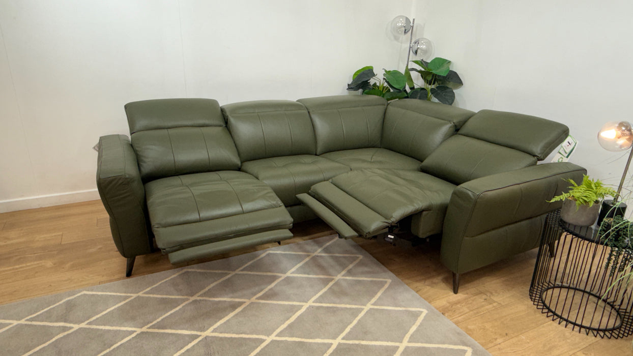 Sofology Jax Leather 3 Corner 1.5 Power Recliner/Headrest Heated Seats Lumbar Support in Trusty Embossed Dark Olive