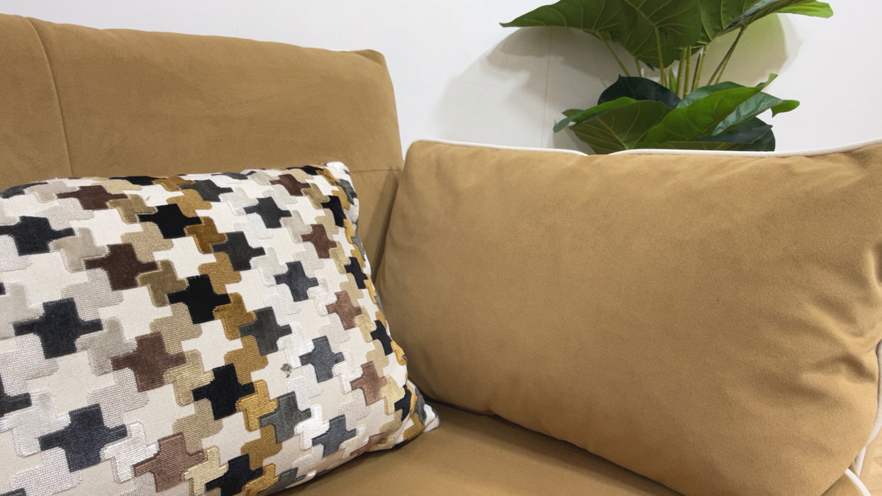 Sofology Remy Fabric 4 Seater in Super Matt Velvet Caramel Mix With Natural Contrast Piping