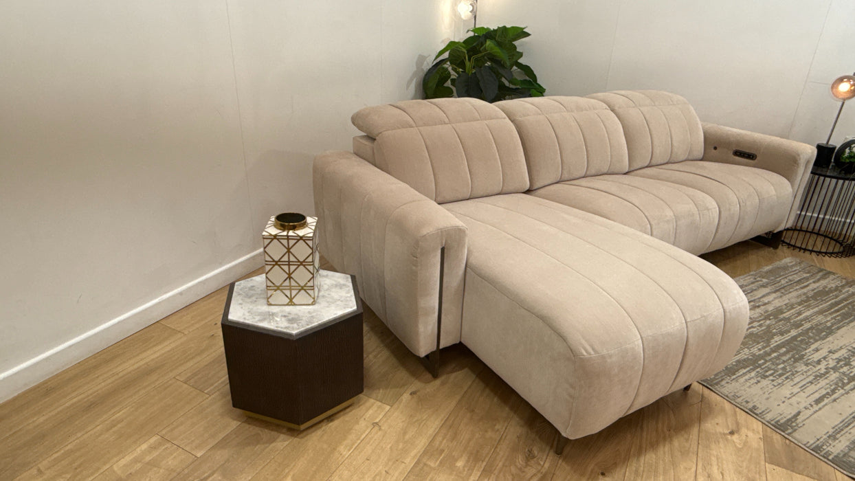 Sofology Paramount Fabric Chaise 4 Seater Power Recliner/Headrest Heated Seats in Relaxed Chenille Cotton
