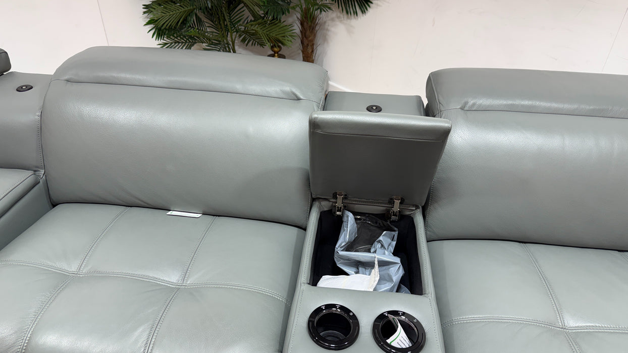 Sofology Marvella Leather 3 Seater Cinema Console Power Recliner/Headrest x 2 in Trusty Sheen Granite Teal