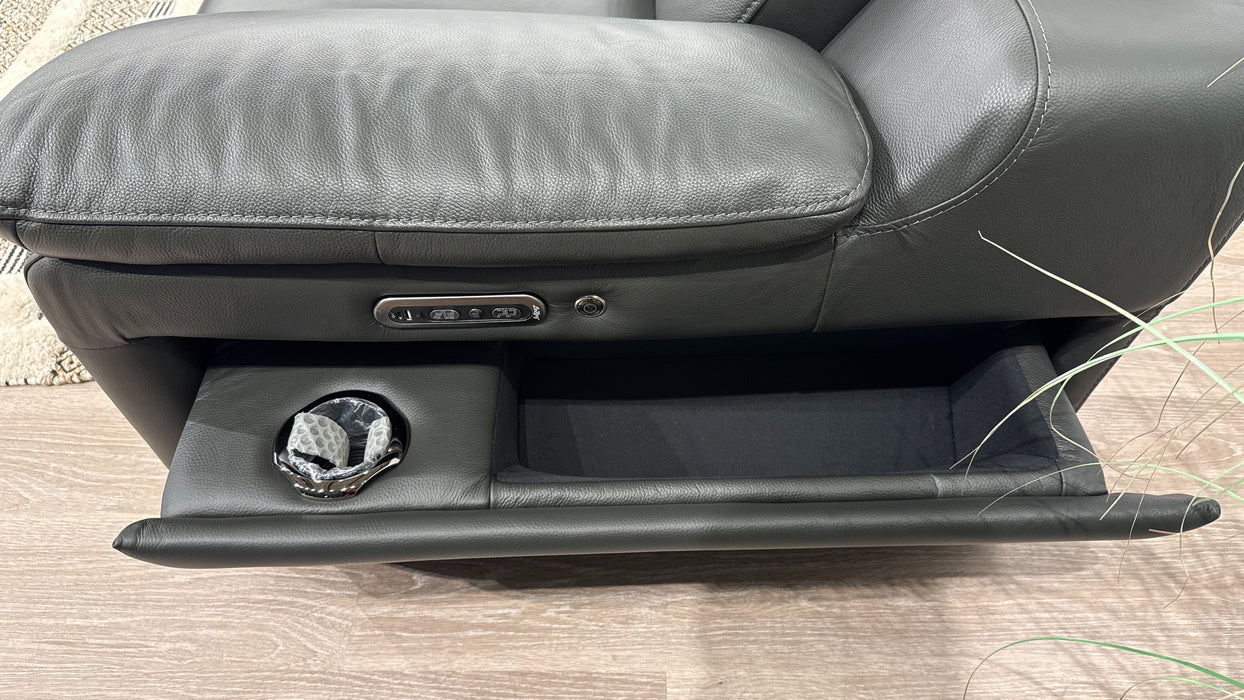 Sofology Portland Leather 3 Console Corner 3 Power Recliner/Headrest Heated Seats in Trusty Embossed Charcoal