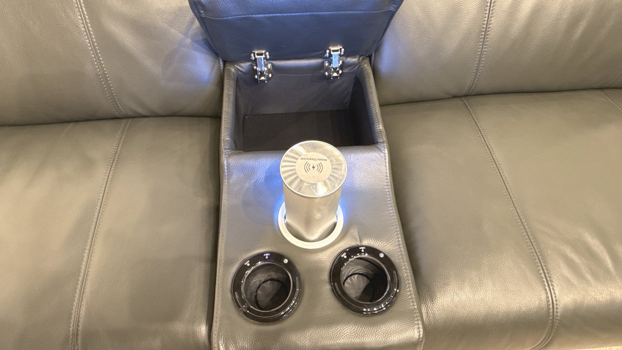 Sofology Allure Leather 2.5 Smart Console Power Recliner/Headrest Heated Seats Lumbar Support Speakers in Trusty Embossed Charcoal