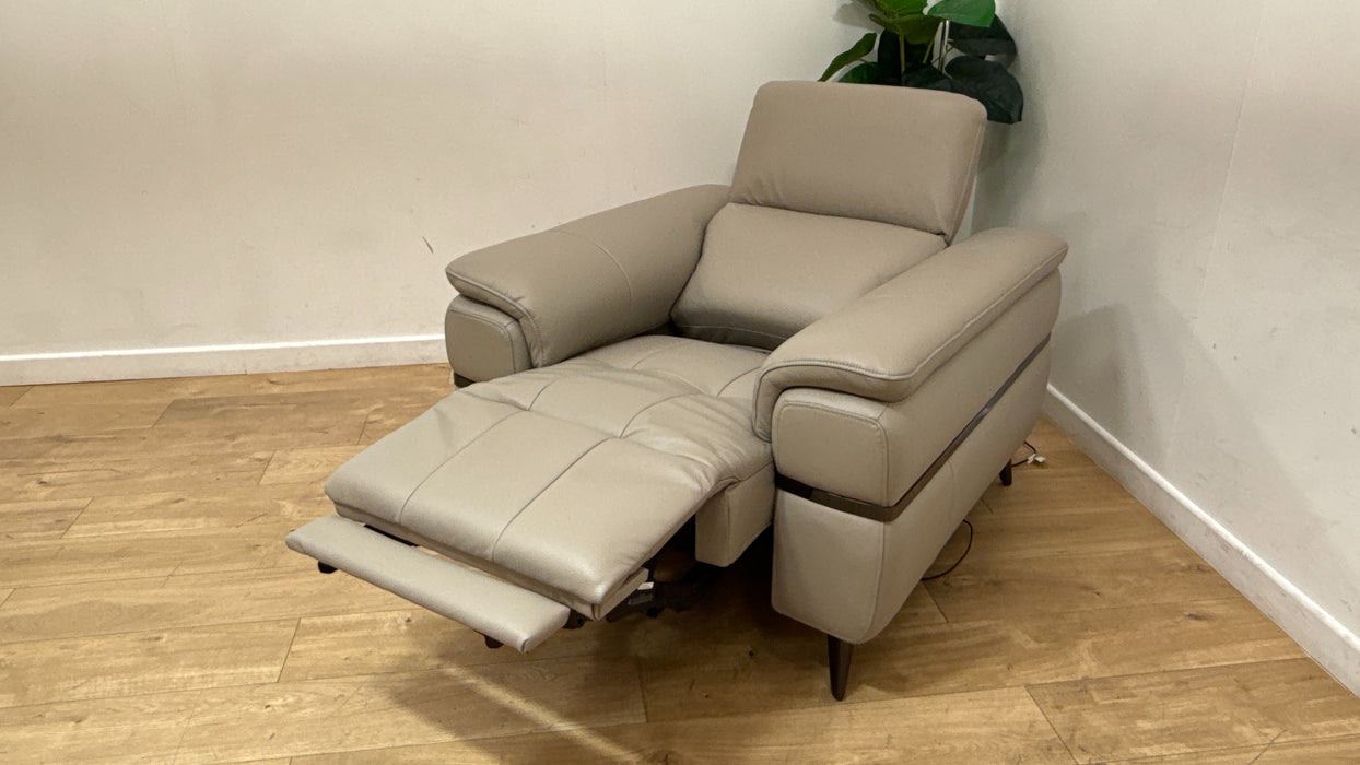 Sofology Milan Leather Chair Power Recliner/Headrests Lumbar Support in Trusty Embossed Light Grey