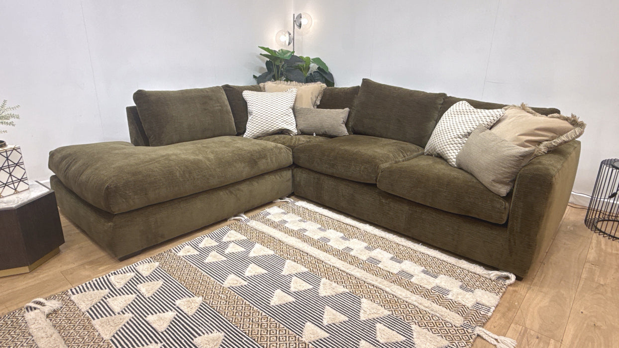 Sofology Moderna Fabric Chaise 1.5 Corner 3 Feather Flex Seats in Soft Slub Chenille Olive Mix