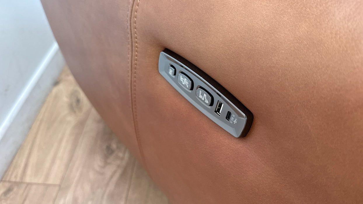 Sofology Larsen Fabric 3 Seater Asymmetrical Power Recliner/Headrest in Relaxed Soft Leather Tan