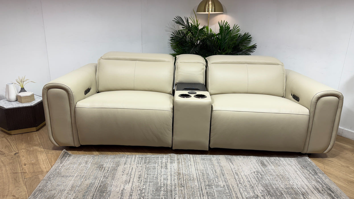Sofology Premiere Leather 2.5 Seater Smart Console Power Recliner/Headrest Heated Seats in Trusty Embossed Bone China