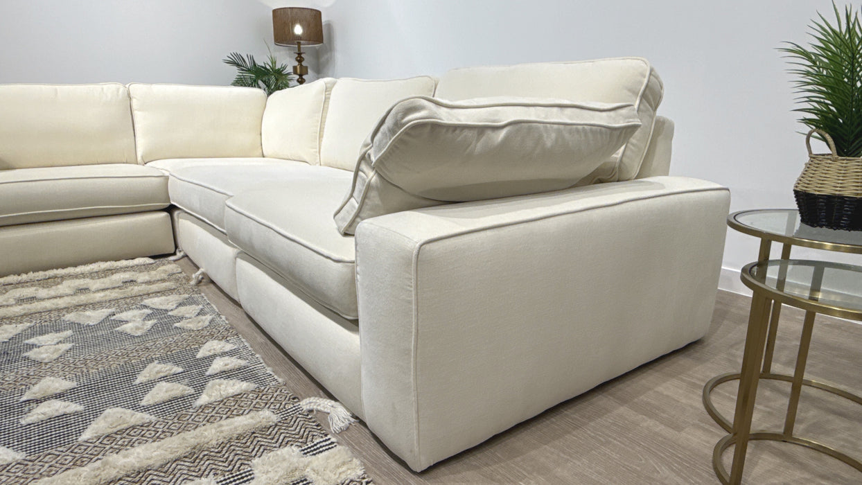 Sofology Atelier Fabric 1 Corner 3 Full Back in Soft Chenille Ivory Mix With Black Contrast Piping