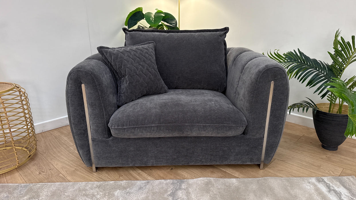 Sofology The Empress Fabric Loveseat Full Back Gun Metal Trim in Textured Chenille Charcoal