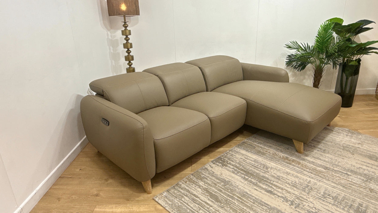 Sofology Larsen 3 Seater Chaise Leather Power Recliner/Headrest in Trusty Matt Taupe