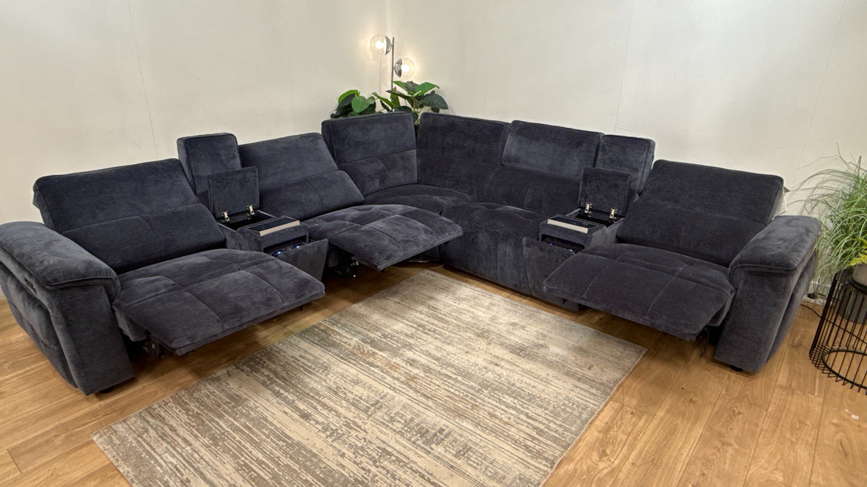 Sofology 3 Console Corner 3 Power Recliner/Headrest Heated Seats Lumbar Support in Montreal Denim