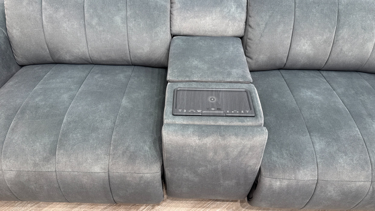 Sofology Paramount Fabric 2.5 Seater Console Power Recliner/Headrest Speakers in Lifestyle Flecked Mineral Green