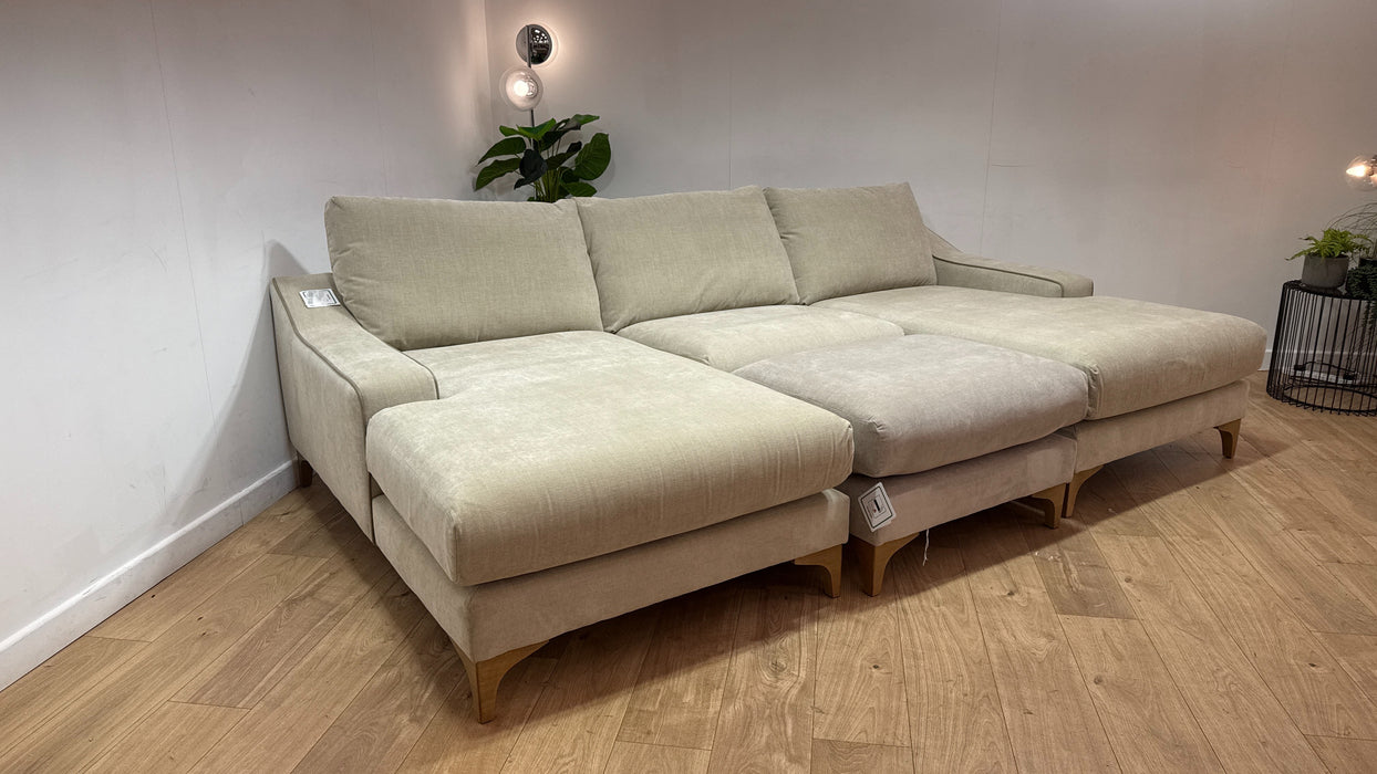 Sofology Wildwood Fabric 4 Seater Double Chaise with Footstool in Vintage Chenille Natural Contrast Piping Mix