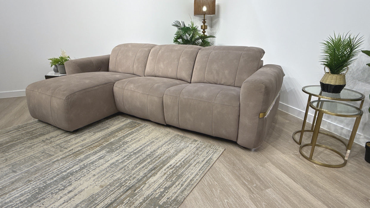 Sofology Lumiere Fabric Chaise 4 Seater Power Recliner/Headrest Gold Trim in Lifestyle Flecked Nutmeg