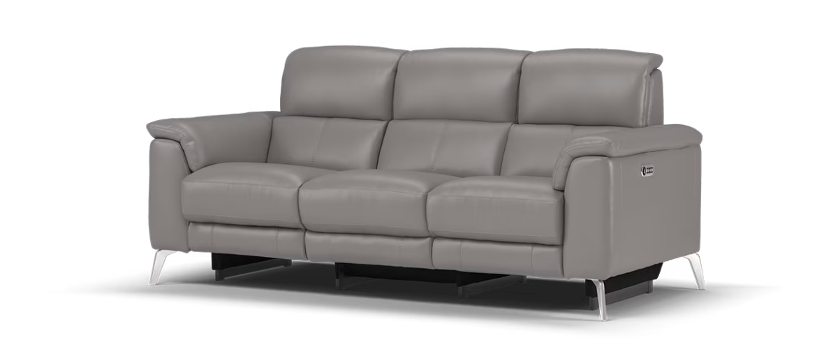 Sofology Illinois Leather 3 Seater Power Recliner/Headrest in Trusty Soft Sheen Fossil Grey