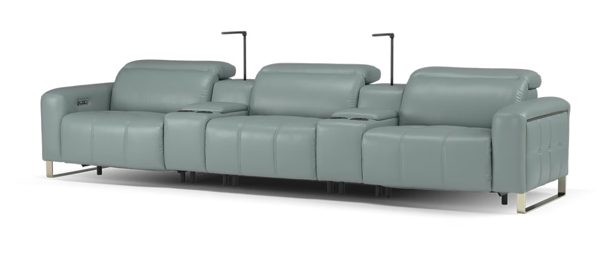 Sofology Marvella Leather 3 Seater Cinema Console Power Recliner/Headrest x 2 in Trusty Sheen Granite Teal