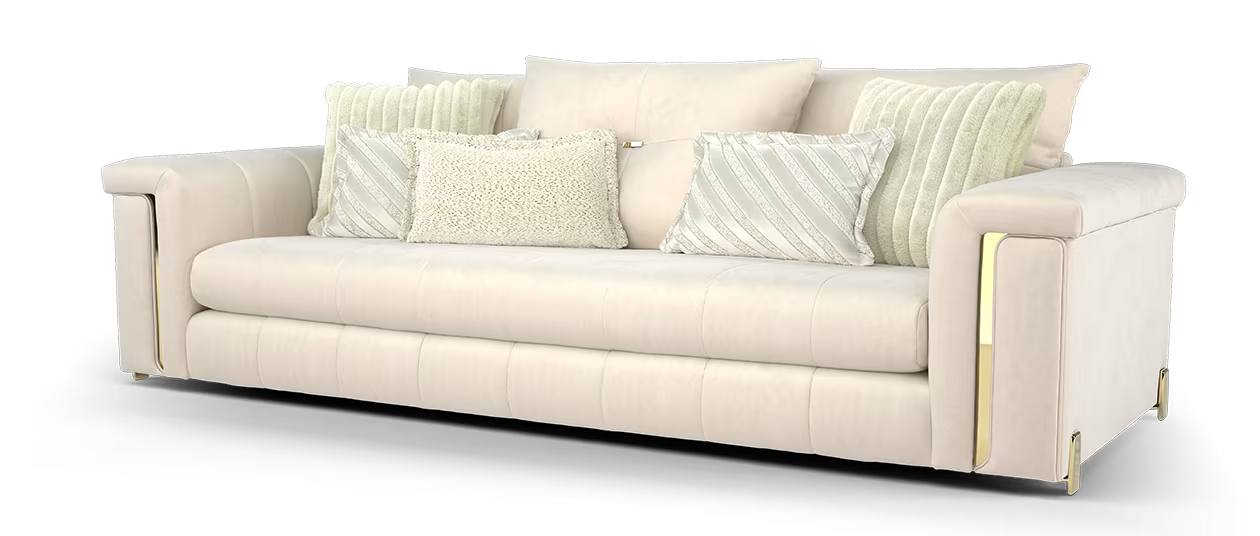 Sofology Oscar Fabric 4 Seater Gold Trim in Super Matt Velvet Ecru Mix