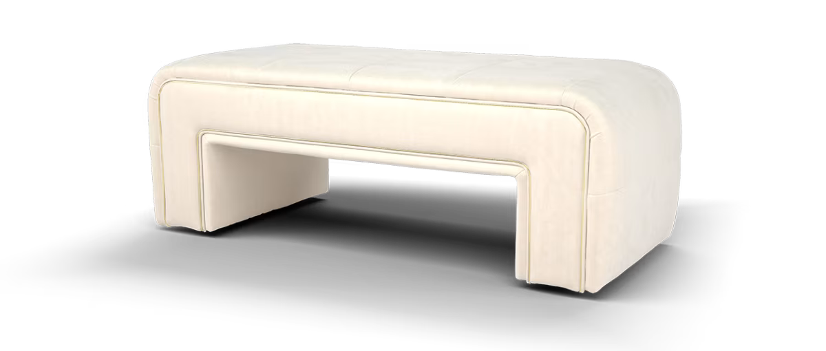 Sofology Oscar Fabric Small Bench Footstool Gold Trim in Super Matt Velvet Ecru