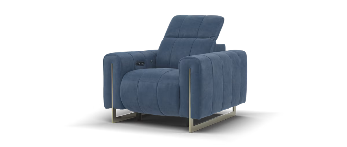 Sofology Paramount Fabric Chair Power Recliner/Headrest Heated Seat Speakers in Lifestyle Flecked Navy