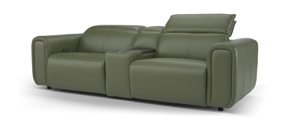 Sofology Premiere Leather 2.5 Seater Smart Console Power Recliner/Headrest in Trusty Embossed Dark Olive