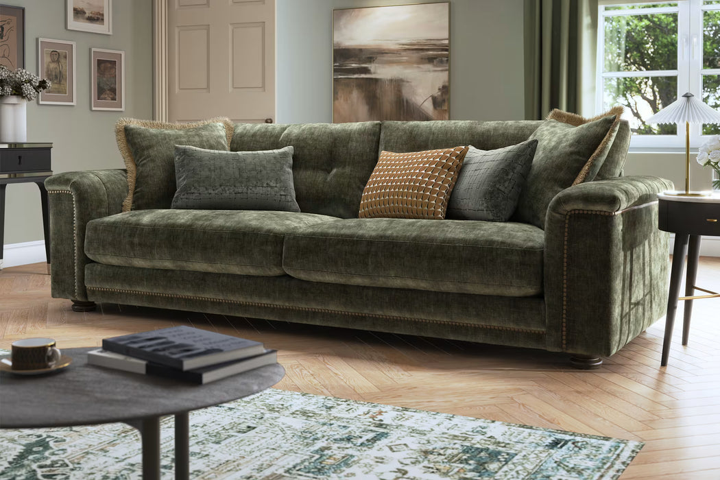 Sofology Regency Fabric 4 Seater Foam Seats with Studs in Luxe Chenille Olive Mix