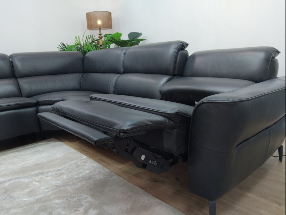 Sofology Viento Leather 3 Corner 3 Power Recliner/Headrest Lumbar in Trusty Embossed Navy