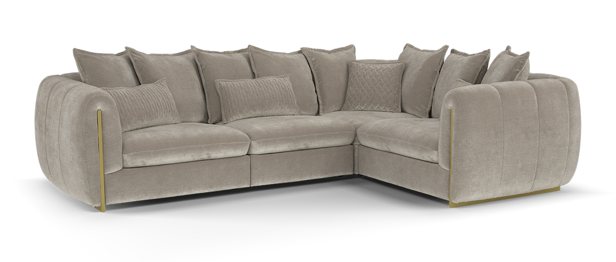 Sofology Empress Fabric 3 Corner 1.5 Pillow Back Gold Trim in Relaxed Chenille Nutmeg