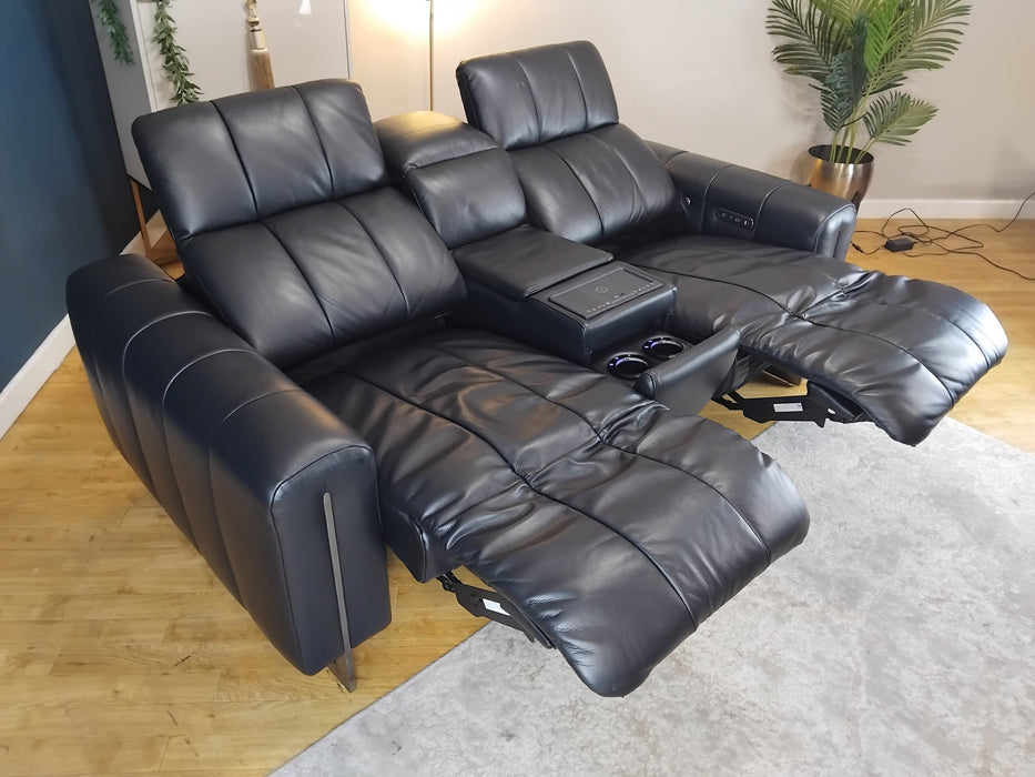 Sofology The Paramount Leather 2 Seater Console Power Recliner/Headrest Heated Seat Speakers in Trusty Embossed Jet Black