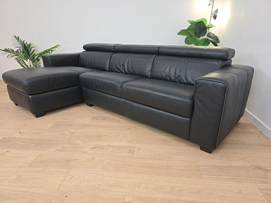 Gemini 4 Seater Chaise w/ Storage - Leather Sofa - Black