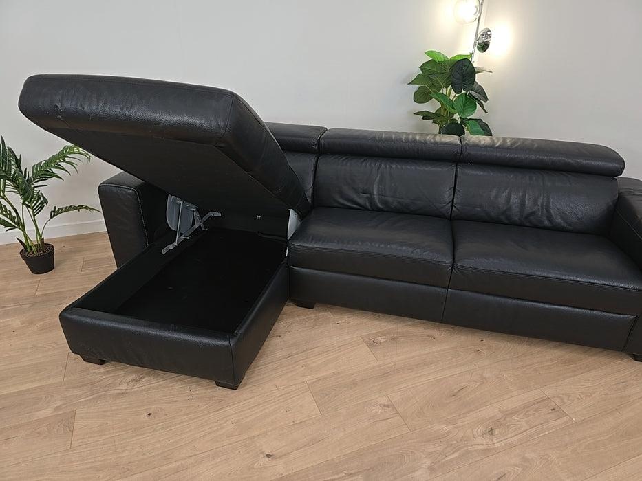 Gemini 4 Seater Chaise w/ Storage - Leather Sofa - Black