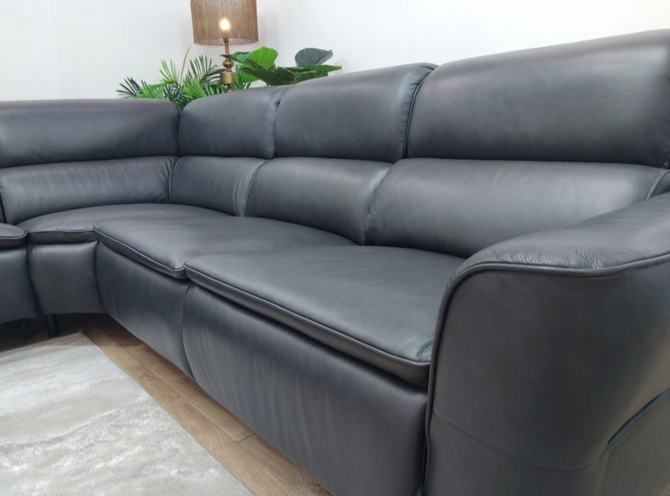 Sofology Viento Leather 3 Corner 3 Power Recliner/Headrest Lumbar in Trusty Embossed Navy