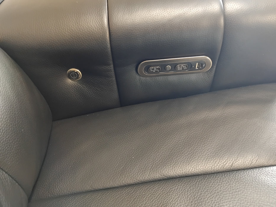 Sofology The Paramount Leather 2 Seater Console Power Recliner/Headrest Heated Seat Speakers in Trusty Embossed Jet Black