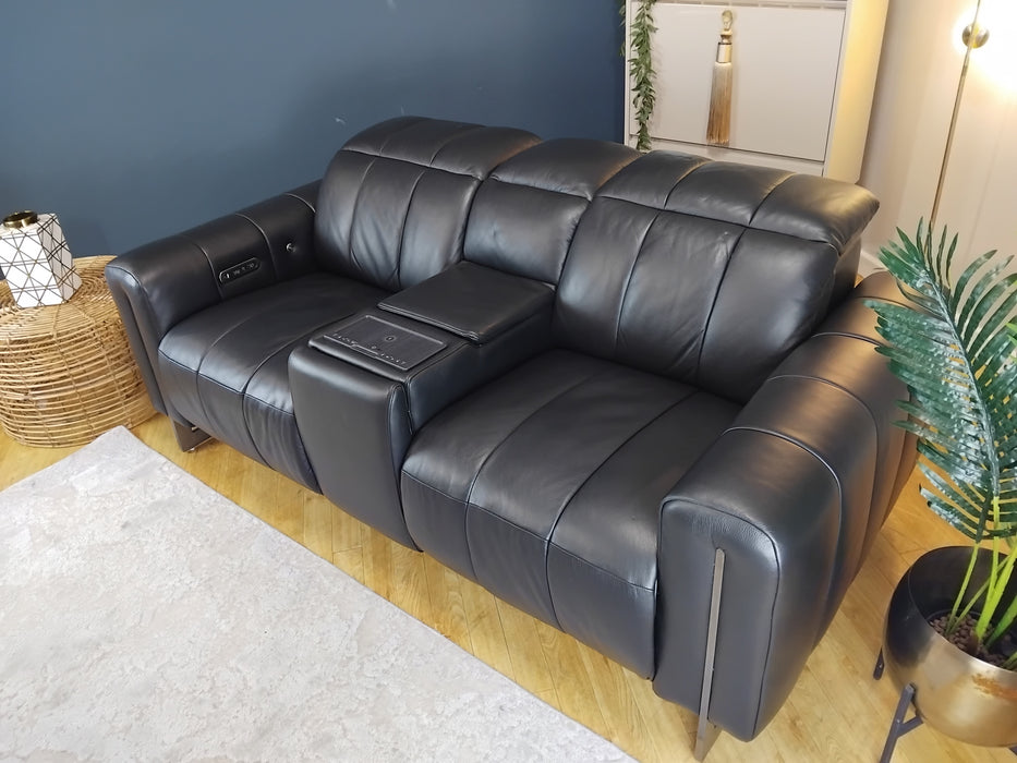 Sofology The Paramount Leather 2 Seater Console Power Recliner/Headrest Heated Seat Speakers in Trusty Embossed Jet Black